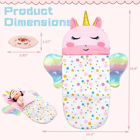 Baby Doll Sleeping Bag Toy Playset, Rainbow Unicorn Doll Bedding Accessories with Eye Mask for 12 Inch Doll