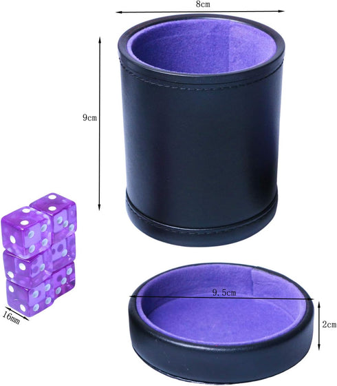PU Leather Dice Cup with Lid, Purple Velvet Interior Quiet Shaker Cup Including 6 Purple Translucent Dice