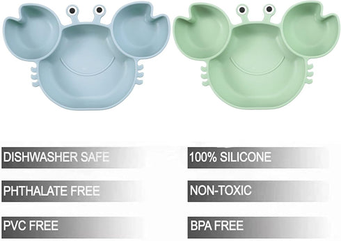 PandaEar 2 Pack Silicone Suction Plate for Baby, Divided Unbreakable Toddler Food Plate with 2 Pack Spoons for Self Feeding, Toddler Utensils Feeding Set Baby Eating Supplies, Crab Shape -Blue&Green by PandaEar