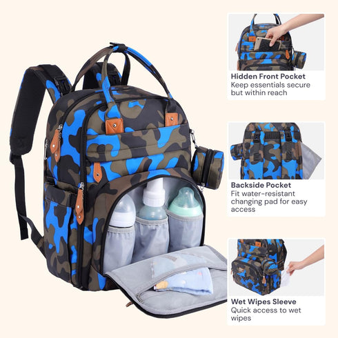 Set Navy Blue Portable Changing Pad with Camo Diaper Bag