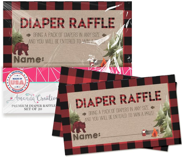 Amanda Creation Oh Boy! Outdoorsy Diaper Raffle Tickets - Red and Black Plaid for Boy Baby Showers, 20 Inserts