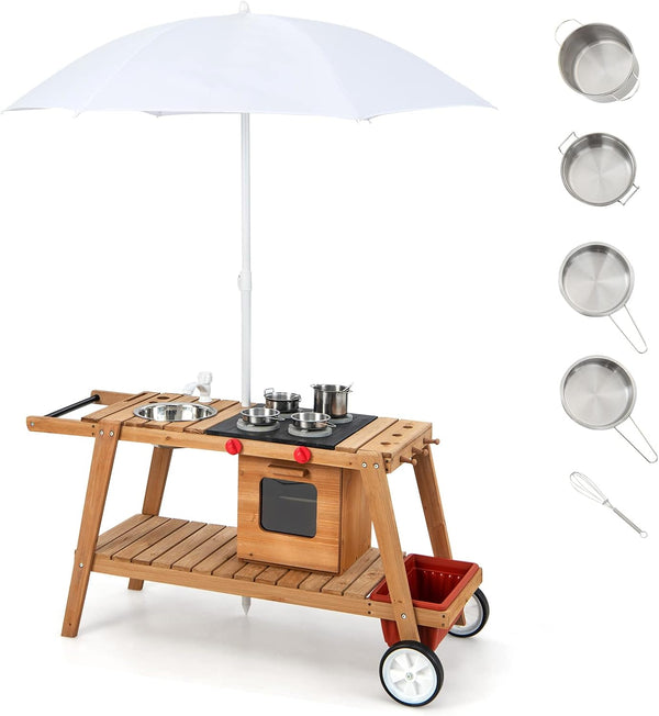 Costzon Mud Kitchen with Removable Umbrella, Wooden Play Kitchen with Wheels, Sink,