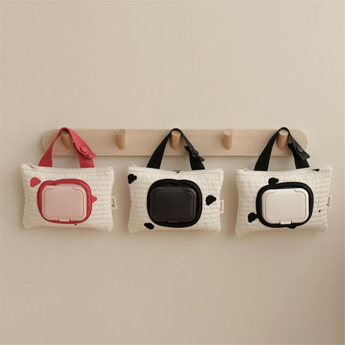LFRXION Wet Wipe Holder Bag, Embroidered Bear Wet Wipe Pouches, Portable Upgrades Stroller Hanging Bag Cotton Linen
