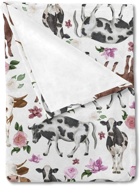 Watercolor Cow Boho Floral Baby Blanket - Farm Animals Flannel Swaddle Blanket for Boys and Girls, 30x40
