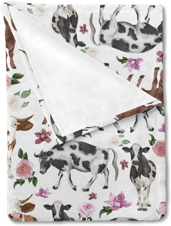 Watercolor Cow Boho Floral Baby Blanket - Farm Animals Flannel Swaddle Blanket for Boys and Girls, 30x40