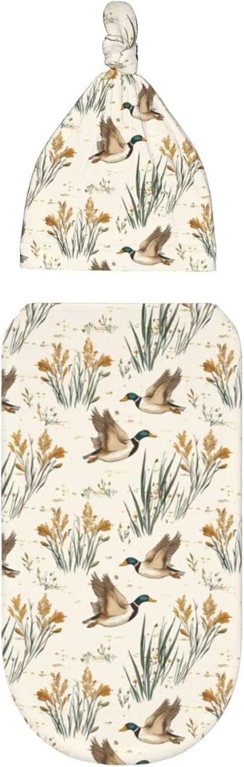 Sets Vintage Mallard Ducks Flying Newborn Swaddle Blankets Hat Soft Baby Receiving Blanket Swaddle Sack for Baby Shower
