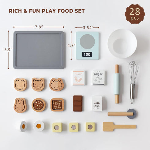 Set, 28 Playset, 3+ PairPear Wooden Cookie & Baking Play Food Kids Pieces Sliceable Cookies, Hand Mixer Toy Kitchen