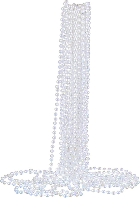 12 Pack Long Faux Pearl Necklace Costume Jewelry, White Plastic Flapper Bead Strand for Kids Girls Women Party Favors