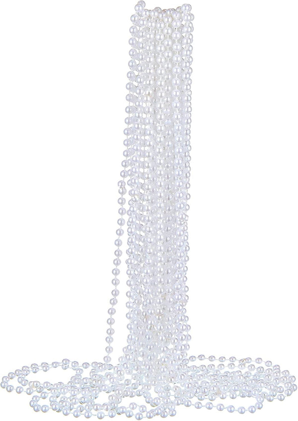 12 Pack Long Faux Pearl Necklace Costume Jewelry, White Plastic Flapper Bead Strand for Kids Girls Women Party Favors