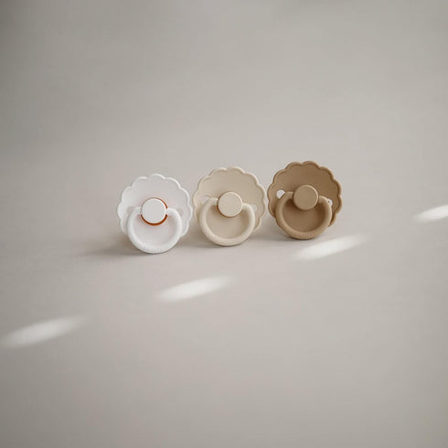 FRIGG Daisy Natural Rubber Baby Pacifier, Made in Denmark, BPA-Free (Croissant/Portobello, 6-18 Months) 2-Pack