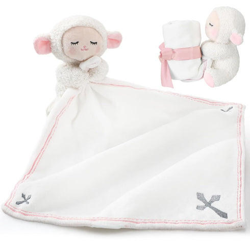 Baptism Gifts for Baby Girl Boys, Lamb Security Blanket with Christian Cross, Soft Bedtime Toy (Pink)