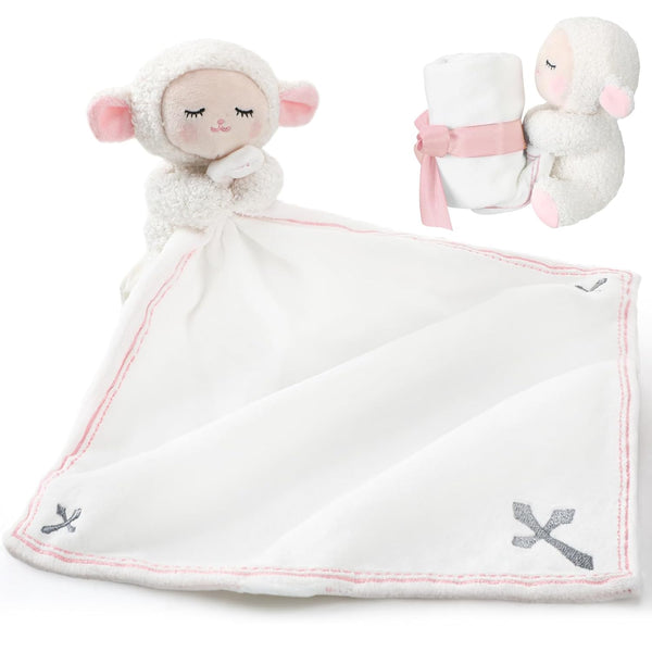 Baptism Gifts for Baby Girl Boys, Lamb Security Blanket with Christian Cross, Soft Bedtime Toy (Pink)