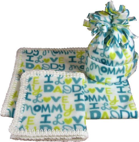 Handmade 4 Babies Fleese Blanket Burp Cloth Hat Set (White Color Edge)
