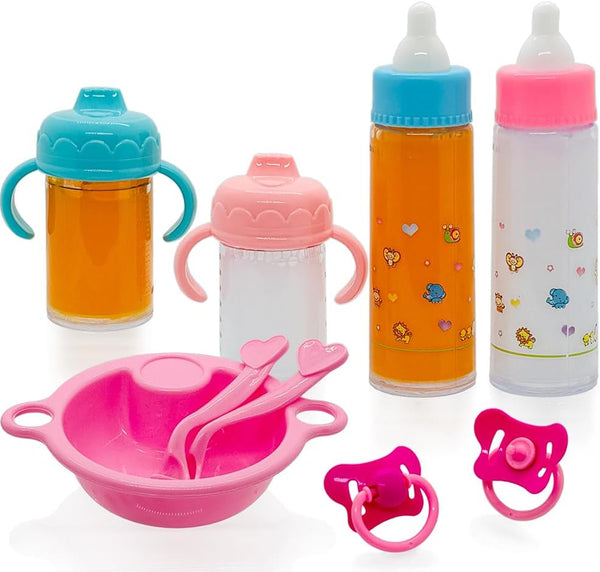 Baby Doll Accessories Playset with Magic Disappearing Bottles and Pacifier for 12-18" Dolls, Big Set for Girls