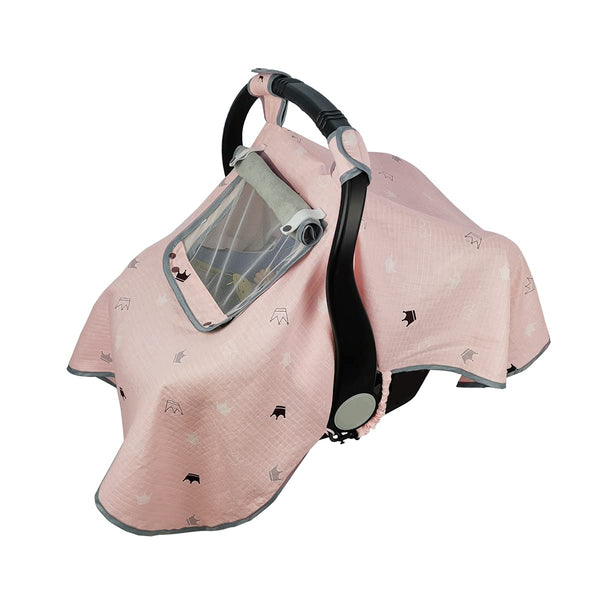 ICOPUCA Car Seat Covers for Babies, Muslin Carseat Cover Girls, Lightweight Canopy with Window (Pink Crown)