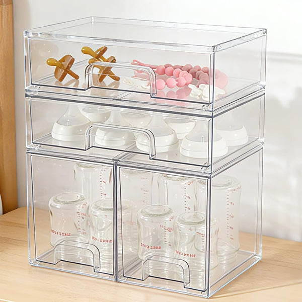 MINMUNJIU Baby Bottle Organizer, 4 Pack Clear Space-Saving Stackable Drawer with Handle,