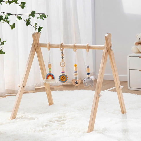 ToyKing 4 Wooden Baby Play Gym with Hanging Bar, Gym Toys and Natural Pine Wood, Perfect for Infant Development