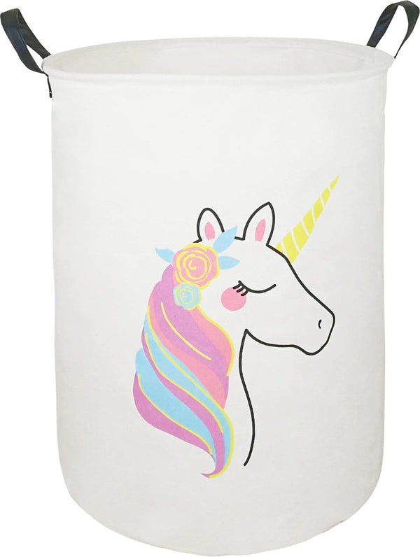 19.7" Round Kids Laundry Clothes Hamper with Handles, Unicorn Pattern, Portable Baby Toys Storage Organizer