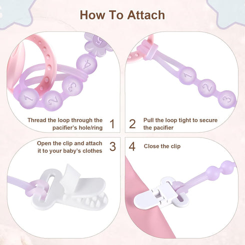 4 Packs Silicone Pacifier Clip Holder with One-Piece Beads, Soft Flexible and Rust-Free Binky Pacifiers Clips