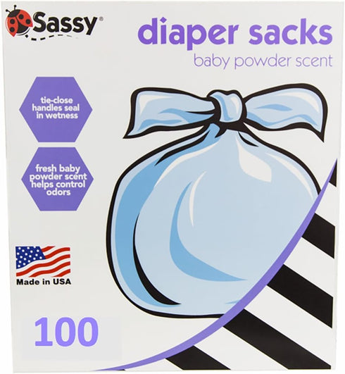100 Count 4-25 Sassy Disposable Diaper Sacks, Powder Scented, Sacks per Roll, Easy-to-Tie, Diaper Disposal or Pet Waste