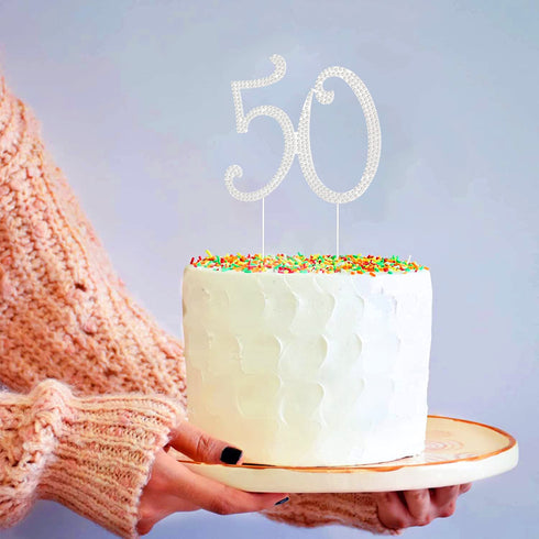 50 Cake Topper 50th Anniversary Birthday Wedding Diamond Cake Decoration for Women, Silver
