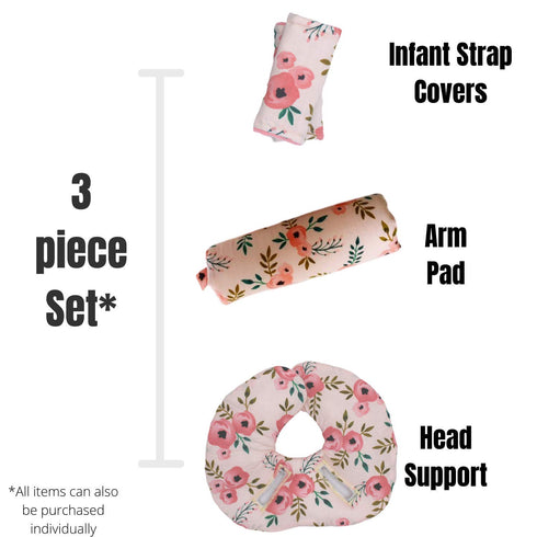 Set, Infant Car Seat Head Support Blush Pink Coral Floral, Newborn Head Rest, Baby Strap Covers, Carry Cushion