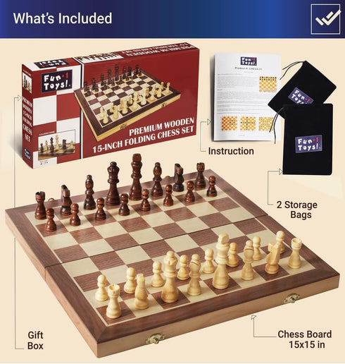 Portable Wooden Chess Set for Adults and Kids, 15" Board with Pieces & Drawstring Bag
