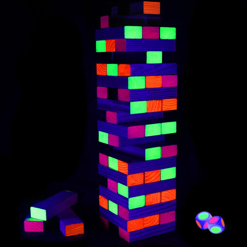 Ahuimeius 54 Piece Glow Tumble Tower Board Games, Glow in The Blacklight Tumble