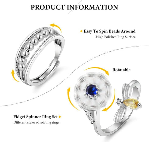 Aucuu 6PCS Set Anti Anxiety Fidget Ring for Women, Open Adjustable Ring, CZ Cubic Zirconia Diamond Rings, Rotatable