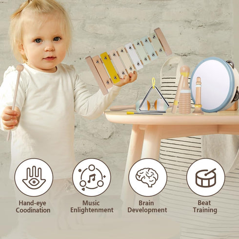 Montessori Wooden Toys for Toddlers 1-3, Baby Musical Instruments Set with Modern Boho Xylophone, Neutral Colors 3+