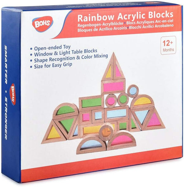 BOHS Rainbow Sensory Blocks (24 pcs) - Wooden Toddler Toys for Light Table/Sunny Window Play