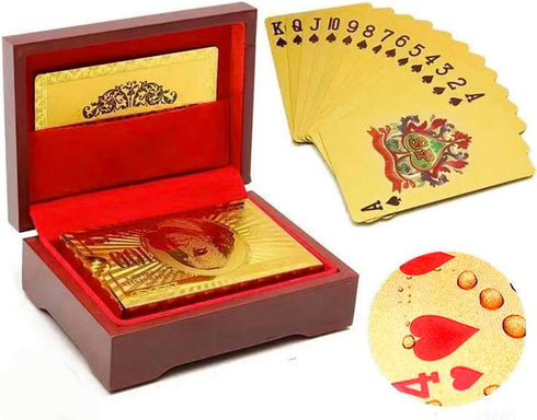 Mahogany Wooden Gift Box Case Holder with Luxury 24k Gold Plated Waterproof Playing Cards, 1 Deck for Poker