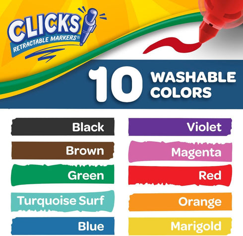Crayola Clicks Retractable Tip Markers, 10ct, Washable Art Marker Set for Kids, Back to School Supplies