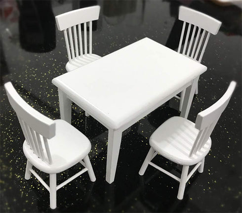 SXFSE 1:12 Set Dollhouse Decoration Accessories, Dollhouse Miniature Furniture Wooden White Dining Table Chair Model