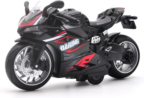 Pull Back Motorcycle Model - 1:12 Scale Toy with Light and Music, Gift for Children Boys and Girls (Black)