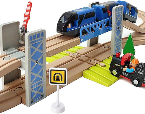 DSHMIXIA Set 3-5 Lift Bridge Wooden Crane Toy with Train Cars - Compatible with Major Wooden Rail Brands - Ages