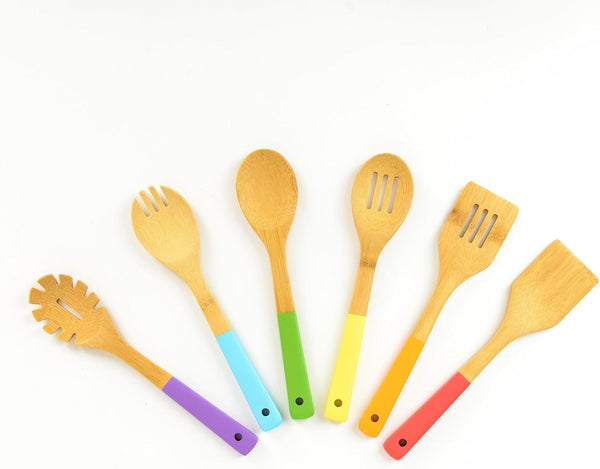 Rainbow Bamboo Kitchen Utensil Set for Kids Montessori-Inspired 6-Piece Real Cooking Tools