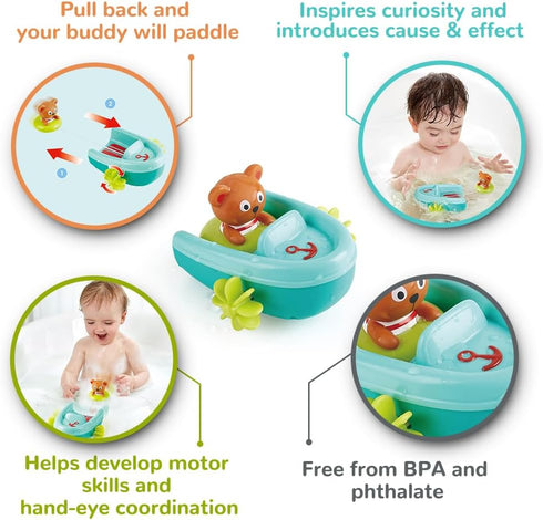Hape Tubing Pull-Back Boat Bath Toy - Teddy Bear Floating Paddle Boat for Toddlers, Bathtub Shower Fun