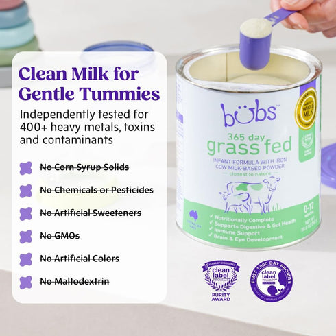 365 0-12 20 oz Bubs Day Grass Fed Infant Formula with Iron, Cow Milk-Based Powder for Infants Months, Made with Non-GMO