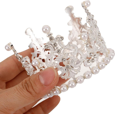 Amosfun 2pcs Mini Pearl Crown Cake Topper, Rhinestone Princess Tiara for Cupcake, DIY Birthday Wedding Party
