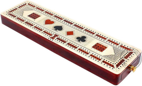 3 Track Continuous Cribbage Board in Maple Wood/Bloodwood - 12.5 Inch Size with Inlaid Card Symbols and Storage Drawer