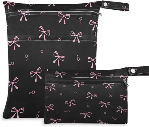 Haskirky Pink Bows Black 2 Pcs Cloth Diaper Wet Dry Bags,Waterproof and Washable