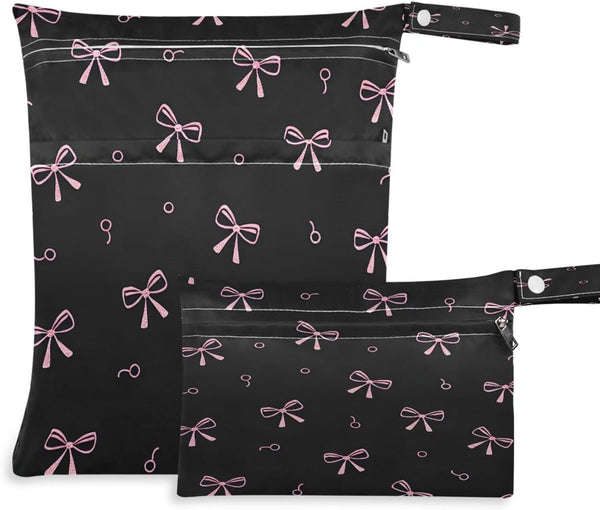 Haskirky Pink Bows Black 2 Pcs Cloth Diaper Wet Dry Bags,Waterproof and Washable