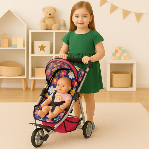 fash n kolor Baby Doll Stroller Gift for Kids, Toy Doll Stroller with Adjustable Canopy & Storage Basket Push Pram Baby