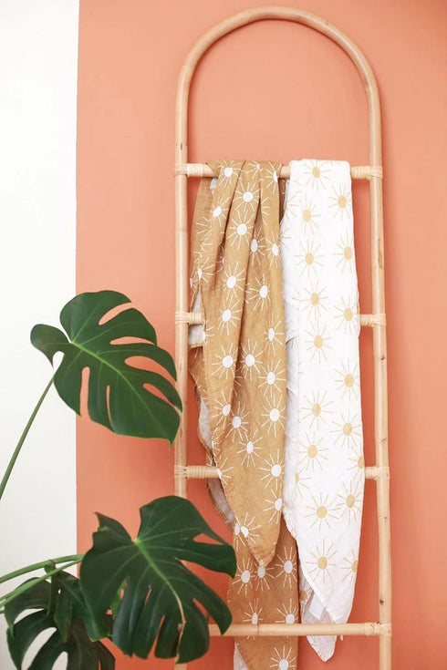 100% Set| Miaoberry Organic Cotton Baby Muslin Swaddle Blanket Golden Boho Sunrays| Gender Neutral for Boys