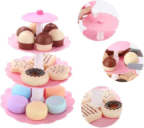 Food Pretend Play Toy Set, Sweet Treats 3-Tier Colorful Cookies Desserts Tower for Kids