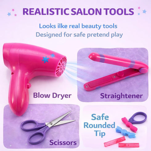Set Set Beauty Hair Stylist - Boutique Beauty Salon Fashion Pretend Play for Girls with Toy Blow Dryer, Curler