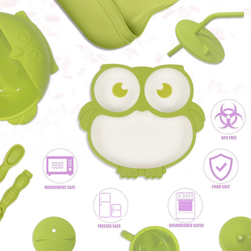 Silicone Baby Feeding Set - 13 Piece Baby Led Weaning Supplies, Strong Suction Bowl, Plate, Adjustable Bibs, 4-in-1 Cup