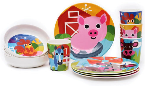 French Bull 4pc Kids Feeding Melamine Tableware Set - BPA Free, Dishwasher Safe, Durable Plate, Cup, Bowl, Divided