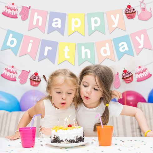Baking Theme Macaroon Color Happy Birthday Bunting Garland Banner for Little Bakers Kids Birthday Party Supplies